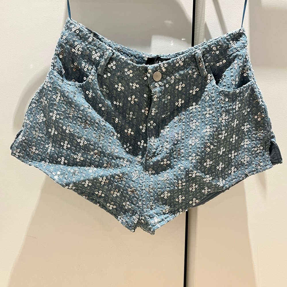 AKIRA Shimmering Silver Sequin Jean Shorts